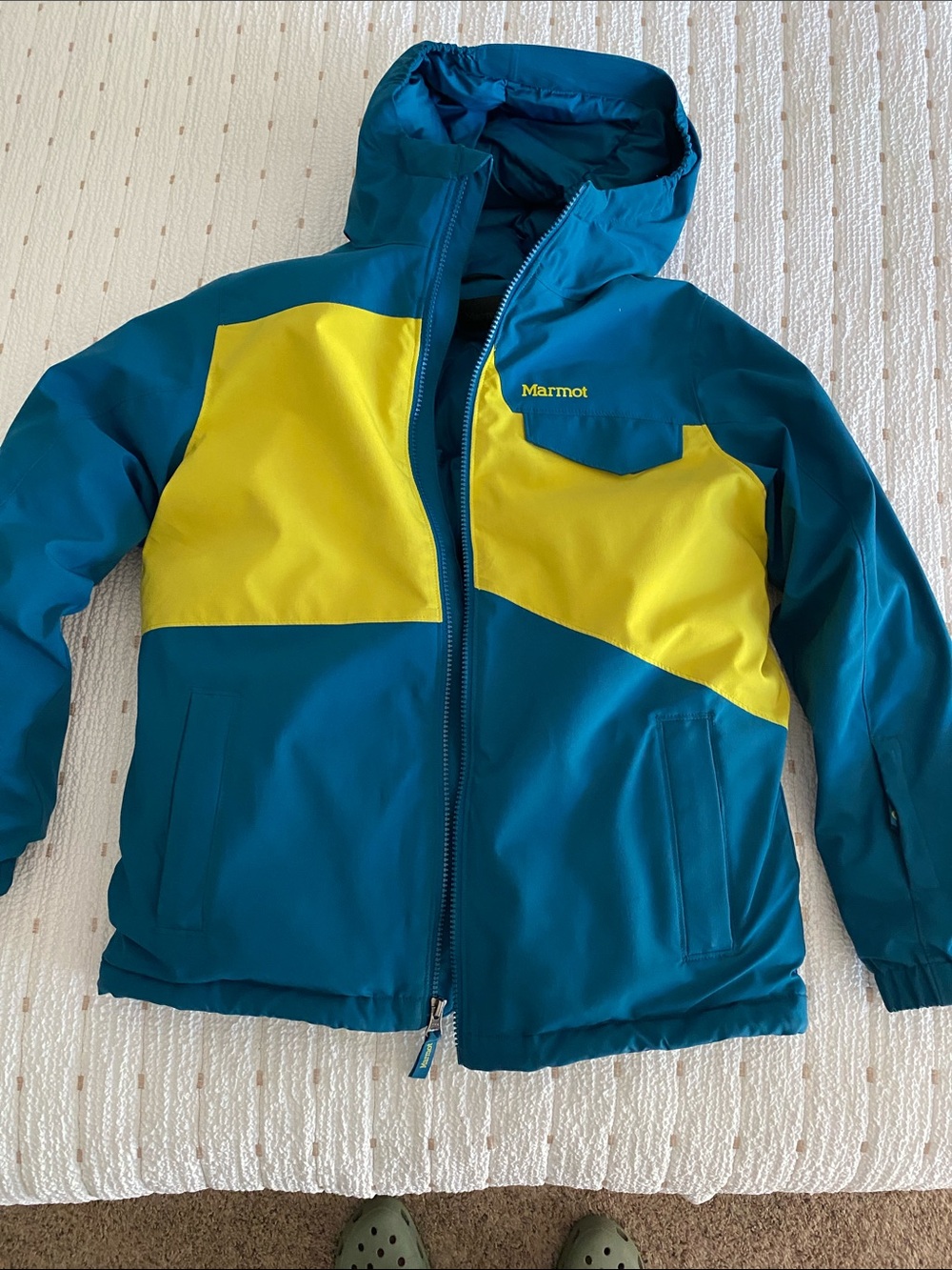 Marmot Teal and Yellow Kids Hooded Puffer Jacket